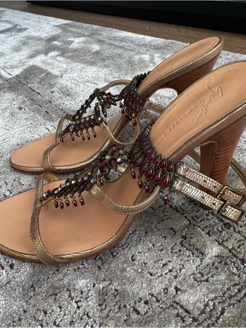Giuseppe Zanotti Gold Heeled Sandals with Red Teardrop Embellishments